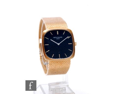 An 18ct hallmarked Patek Philippe manual wind wrist watch, white batons and hands to a cushioned square blue dial, case width