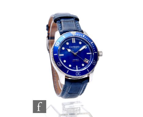 A Christopher Ward quartz Trident wrist watch, white batons and date facility to a circular blue dial, case diameter 38mm, al