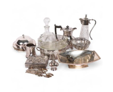 A collection of various plated wear, including a coffee pot, muffin dish and cover, Claret jug, and a E Remy Martin & Company