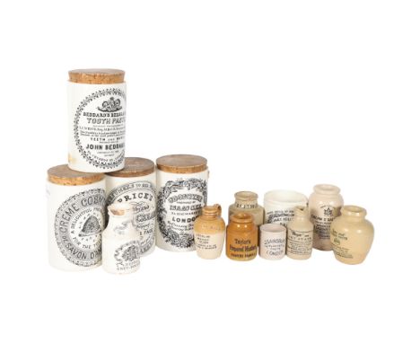 A set of 4 printed stoneware advertising jars, including Cold Cream, Soap, Odontine, and Beddard's Belgravia Toothpaste, heig