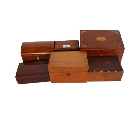 Edwardian inlaid mahogany box with sloping lid, 23.5cm across, a tea caddy with fitted interior, and 4 other boxes 