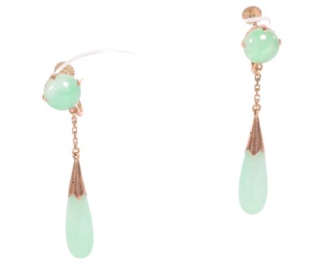 A pair of 14ct and green jade set pendant drop earrings, with screw-backs, 50mm 