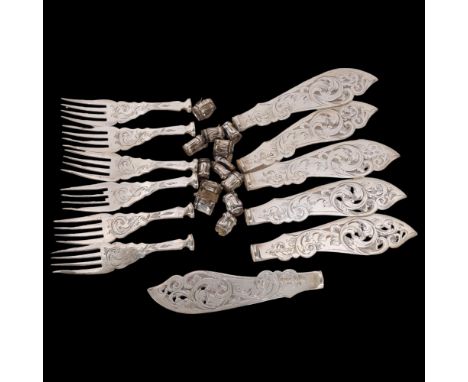 A set of 6 Victorian pierced and engraved silver fish knife blades and matching fork ends (no handles), hallmarks for Sheffie