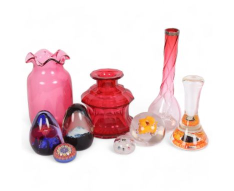A Whitefriars cranberry glass ruffle rim design vase, H18cm, and an unmarked cranberry glass Art Deco style decanter, missing