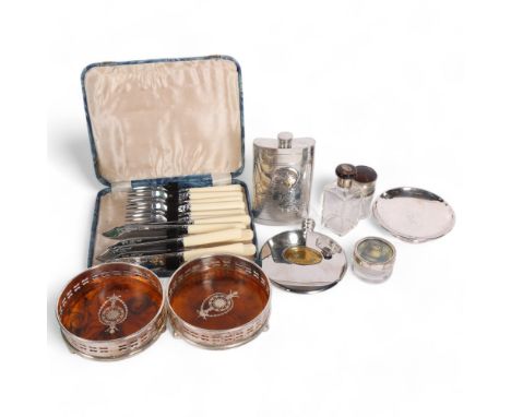 Pair of silver plated wine coasters, a Christian Dior shallow dish, cased cutlery, hip flask etc 