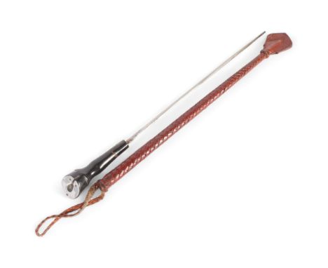 A 1930s riding crop sword stick, with horn hoof design handle, with woven leather scabbard, blade length 33cm, overall length