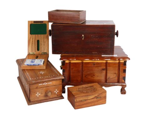 An olivewood jewellery box, with lion paw feet, modern in nature with modern brass handles, a Victorian mahogany tea caddy (A