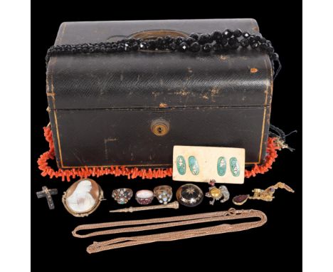 A group of various jewellery, including a tortoiseshell and gold piquet brooch and cross, a gilt-metal long guard chain, reli
