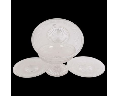 A large Molineaux & Webb Greek Key pattern and frosted glass bowl, and 2 matching plates, all with PODR diamond mark for 1854