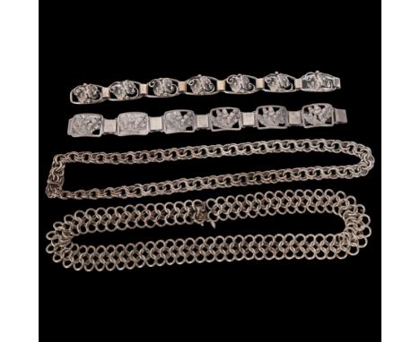4 pieces of Scandinavian silver jewellery, including 2 floral set panel bracelets, and 2 similar double ring design necklaces