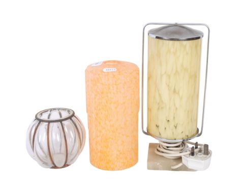 An Art Deco ceramic lamp shade, H20cm, an Art Deco chrome and glass table lamp on alabaster base, H30cm, and wire rimmed vase