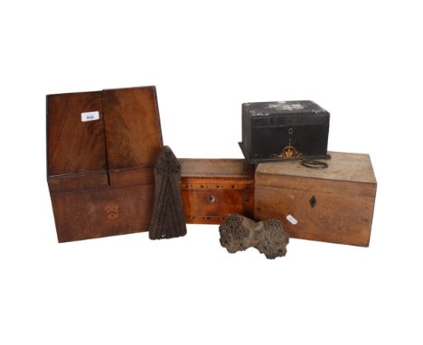 A desk-top mahogany stationery cabinet, H30.5cm, a tea caddy with fitted interior, and another with inlaid marquetry decorati