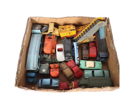 Tray of Vintage Dinky cars and trucks, including Ford Zephyr, Ford Thunderbird, Hudson Sedan, car transporter, Supertoys heav