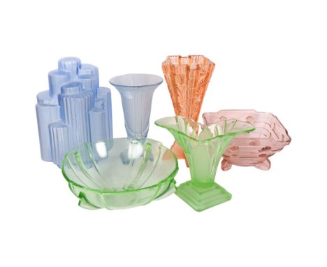An Art Deco blue glass light bowl, 26cm, a pink moulded glass vase, glass bowls, etc 