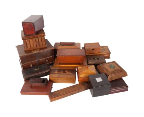 A boxful of Vintage and Antique boxes, including a tea caddy, and a oak sectioned box with drawers under, 23cm across 