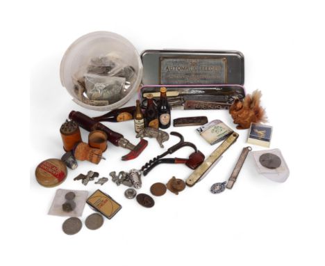 A box of various items, including penknives, miniature Guinness bottles, toffee hammer, corkscrew, various buttons, etc 