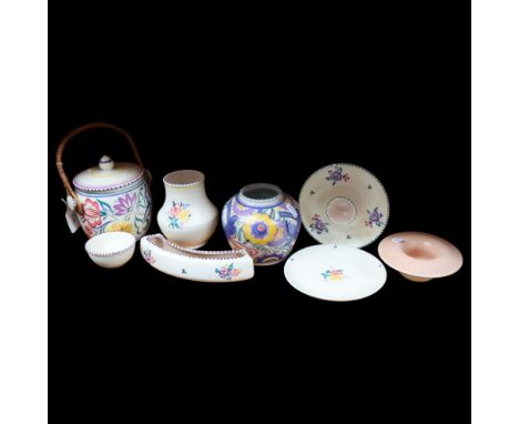 Poole Pottery vase with painted bird and floral decoration, H11cm, Poole biscuit barrel, dishes, etc 