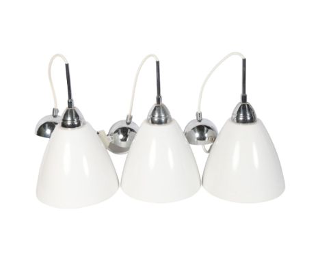A set of 3 contemporary enamel pendant ceiling lights with chrome mounts, 20cm diameter 