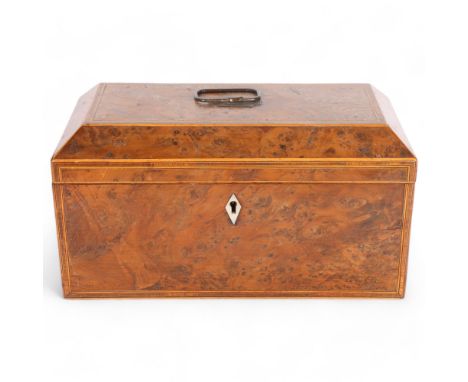 A 19th century burr-walnut and satinwood banded tea caddy, with 2 fitted inner caddies and mixing bowl, W30cm 