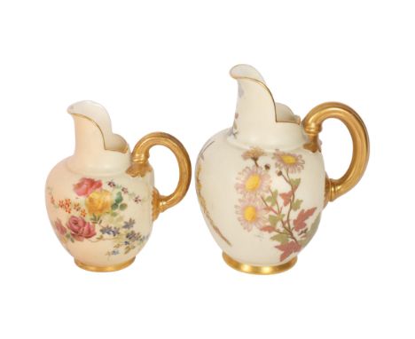 2 Royal Worcester Blush Ivory flatback jugs, both numbered 1094, with 1 green and 1 puce back stamp, tallest 13cmThe larger j