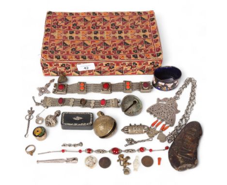 A collection of various items, including a blue and enamel oval box (A/F), Georgian snuffbox, Middle Eastern bells, bracelet,