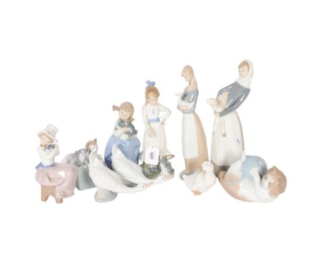 A collection of Lladro and NAO figures and animals, including girl with lamb, a kitten and a ball of wool, etc (10) 