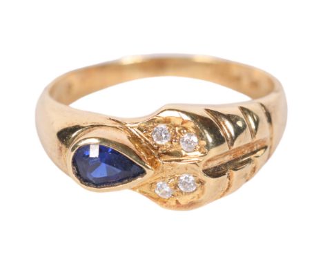 A 14ct gold dress ring, set with a blue stone teardrop setting, 3.1g, size N 