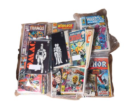A large collection of various Marvel comics, including Thor 1970s first edition, DC comics, One Man Army, The Mighty Thor, Wa