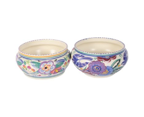 2 x 1930s Poole Pottery bowls, 1934 - 37, 1 with Bluebird pattern design and mark for Gwen Dry, and another similar with flor