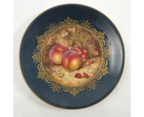 A Royal Worcester plate decorated with hand painted fruit by Richard Seabright, to a Sabrina blue and gilt border, dated 1923