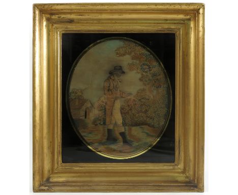 A pair of 19th century tapestry and silk oval prints, rural scenes with figures, 12.5ins x 11.5ins