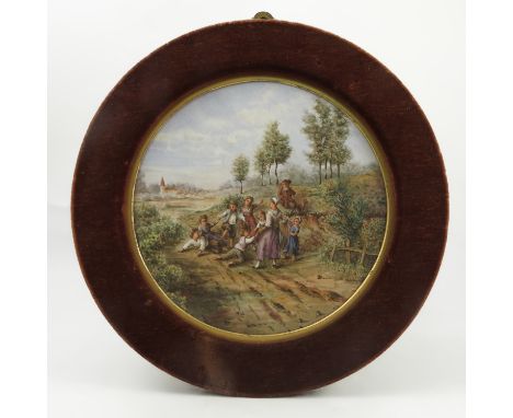 A 19th century English porcelain circular panel, Dancing Children, watercolour rural scene with children, paper label verso H