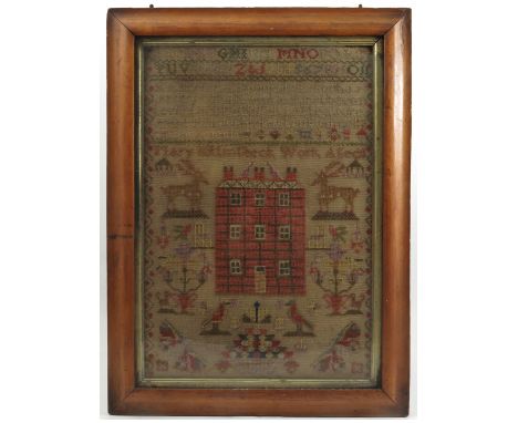 A 19th century tapestry sampler, with alphabet, verse, house, animals, birds and flowers, by Mary Killingbeck aged 11, 17ins 