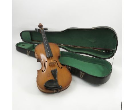 A violin with two piece back, length including button 14.25ins, together with a bow, cased Condition report: Knock and scratc