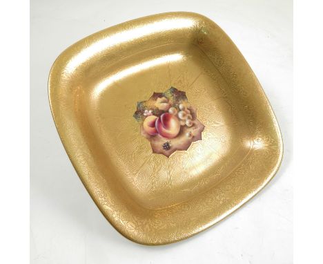 A Royal Worcester square dish, hand painted to the centre with fruit to a mossy background by T Nutt, with deep acid etched b