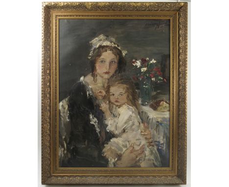 Aurel Naray, portrait of a young mother seated with a young child on her lap, oil on canvas, 32ins x 24ins Condition report: 