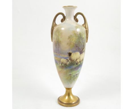 A Royal Worcester pedestal vase, painted with Sheep in rural landscape by Stinton, with gilt handles and pedestal foot, shape