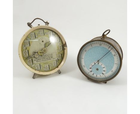 A 1950s Smith Alarm Hare and Tortoise alarm clock, with verse and pictures, together with a brass cased stop watch clock Cond