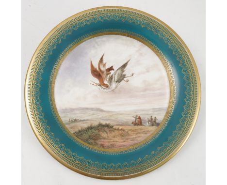 A Royal Worcester plate, decorated with a hawking scene on a moor, possibly by Robert Purling, diameter 9.5ins