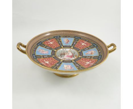 A Copeland Art Union of London tazza, with central panel of a girl playing a lyre, with alternate panels of symbols and figur