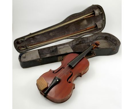 A French violin, marked D Nicolas Aine, a la Ville de Cremonne, with single piece back, length including button 14.5ins, toge