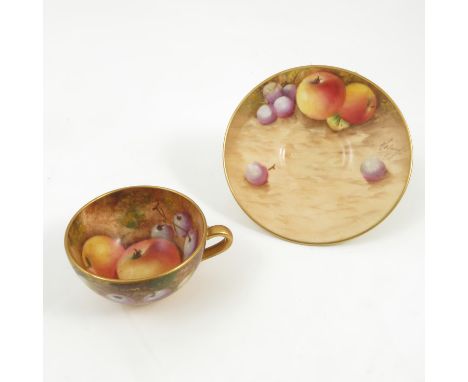 A Royal Worcester miniature cabinet cup and saucer, hand painted with fruit to a mossy background by Roberts Condition report