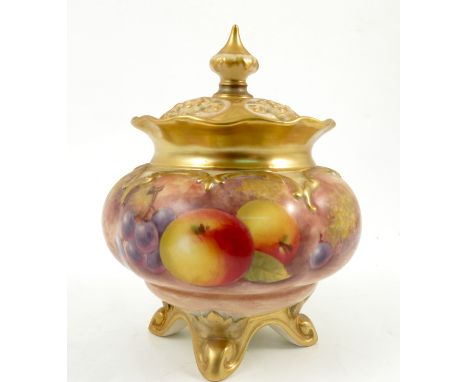 A Royal Worcester covered quarter lobed vase, hand painted to the front with fruit to a mossy background by Mayberry, raised 