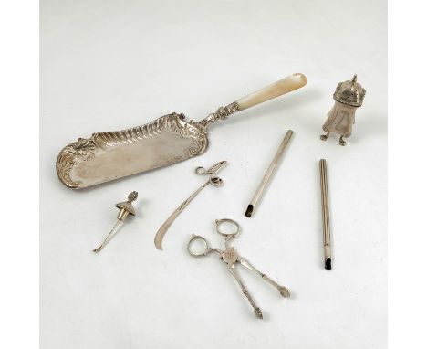 A silver crumb scoop, with mother of pearl handle and embossed leaf and scroll decoration, split and repaired, Sheffield 1898