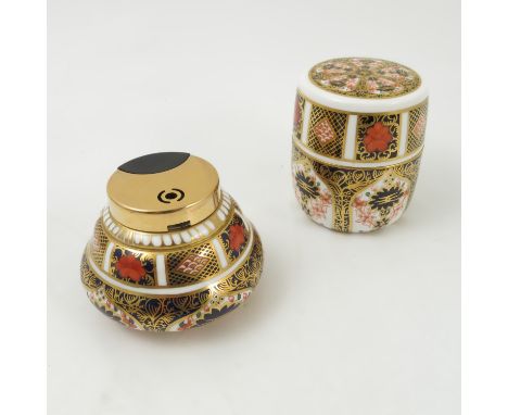 A Royal Crown Derby collared drum shaped table lighter, and another of gourd shape form, both decorated with the Imari patter