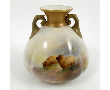 A Royal Worcester vase, painted with Sheep in rural landscape by E Baker, shape number H155, dated 1919, height 3.5ins Condit