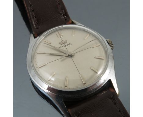 Marvin, a gentleman's chrome plated mechanical wrist watch, the white dial with steel coloured batons, hands and centre sweep