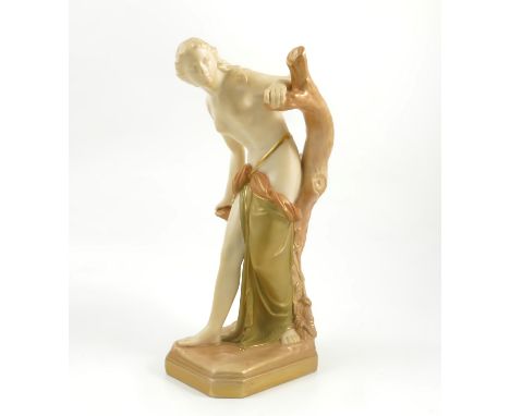 A Royal Worcester gilded ivory and shot silk figure, Bather Surprised, model number 486, dated 1912, height 10.75ins Conditio