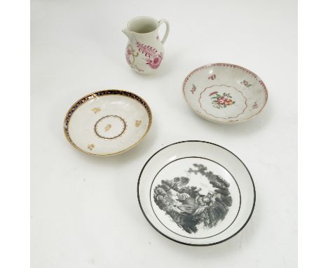 A late 18th / early 19th century sparrowbeak jug, height 3.25ins and three early painted and printed saucers