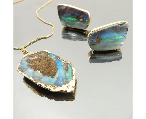 A pair of boulder opal ear studs, the rectangular shaped stones, 2.4cm at longest, in a plain mount, with a boulder opal pend